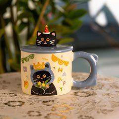 Кубок порцелянова з кришкою Kitten's Birthday 400 (мл) подарункова кружка прикольна чашка для дітей на подарунок Синій FM-24A, Синий