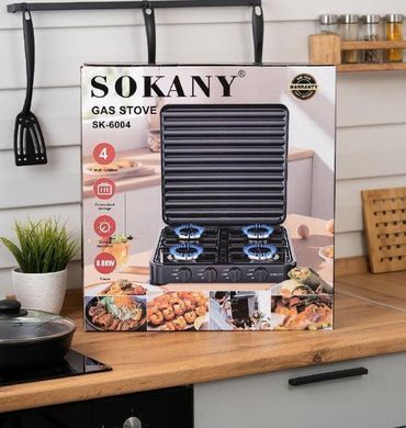 Газовая плита настольная на 4 конфорки Sokany черная мини для дачи, портативная переносная варочная панель кемпинговая