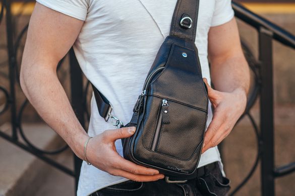 Кожаный черный мужской слинг рюкзак на одно плече TIDING BAG XS-48383