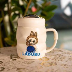 Чашка порцелянова з кришкою Labubu 400 (мл) подарункова кружка прикольна чашка для дітей на подарунок Білий з синім FM-54A, Білий