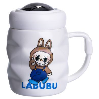 Чашка фарфоровая с крышкой Labubu 400 (мл) подарочная кружка прикольная чашка для детей на подарок Белый с синим FM-54A