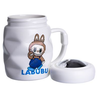 Чашка фарфоровая с крышкой Labubu 400 (мл) подарочная кружка прикольная чашка для детей на подарок Белый с синим FM-54A
