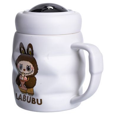 Чашка фарфоровая с крышкой Labubu 400 (мл) подарочная кружка прикольная чашка для детей на подарок Белый с темно-коричневым FM-54C