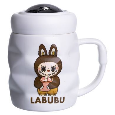Чашка фарфоровая с крышкой Labubu 400 (мл) подарочная кружка прикольная чашка для детей на подарок Белый с темно-коричневым FM-54C