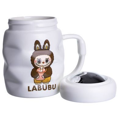 Чашка фарфоровая с крышкой Labubu 400 (мл) подарочная кружка прикольная чашка для детей на подарок Белый с темно-коричневым FM-54C