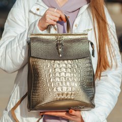 Жіночий шкіряний рюкзак-сумка бронзового кольору з тисненням під шкіру крокодила Tiding Bag — 99606