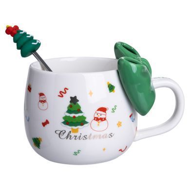 Новогодняя фарфоровая чашка с ложкой Merry Christmas 400 (мл) Зеленый Yiwu FM-CS-19B, Зелений