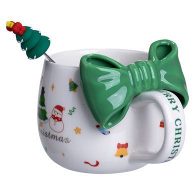 Новогодняя фарфоровая чашка с ложкой Merry Christmas 400 (мл) Зеленый Yiwu FM-CS-19B, Зелений