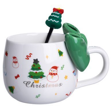 Новогодняя фарфоровая чашка с ложкой Merry Christmas 400 (мл) Зеленый Yiwu FM-CS-19B, Зелений
