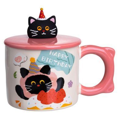 Кубок порцелянова з кришкою Kitten's Birthday 400 (мл) подарункова кружка прикольна чашка для дітей на подарунок Рожевий FM-24C, Рожевий