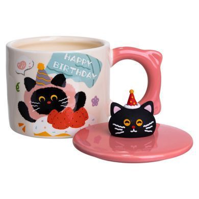 Кубок порцелянова з кришкою Kitten's Birthday 400 (мл) подарункова кружка прикольна чашка для дітей на подарунок Рожевий FM-24C, Рожевий