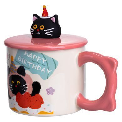 Кубок порцелянова з кришкою Kitten's Birthday 400 (мл) подарункова кружка прикольна чашка для дітей на подарунок Рожевий FM-24C, Рожевий