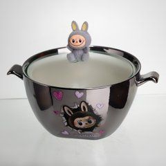 Бульйонниця порцелянова Labubu з кришкою та ручками 800 (мл) &Oslash;15 (см) дитяча тарілка для супу та локшини Сріблястий з сірим FM-34A, Сріблястий