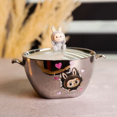 Бульйонниця порцелянова Labubu з кришкою та ручками 800 (мл) &Oslash;15 (см) дитяча тарілка для супу та локшини Сріблястий з сірим FM-34A, Сріблястий
