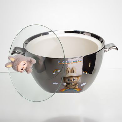 Бульйонниця порцелянова Labubu з кришкою та ручками 800 (мл) &Oslash;15 (см) дитяча тарілка для супу та локшини Сріблястий з коричневим, Сріблястий