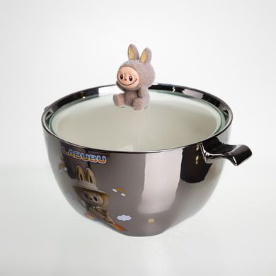 Бульйонниця порцелянова Labubu з кришкою та ручками 800 (мл) &Oslash;15 (см) дитяча тарілка для супу та локшини Сріблястий з коричневим, Сріблястий