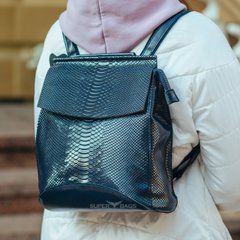 Женский синий рюкзак-сумка из натуральной кожи с тиснением Тiding Bag - 5442