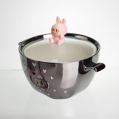 Бульонница фарфоровая Labubu с крышкой и ручками 800 (мл) &Oslash;15 (см) детская тарелка для супа и лапши Серебристый с розовым FM-34C