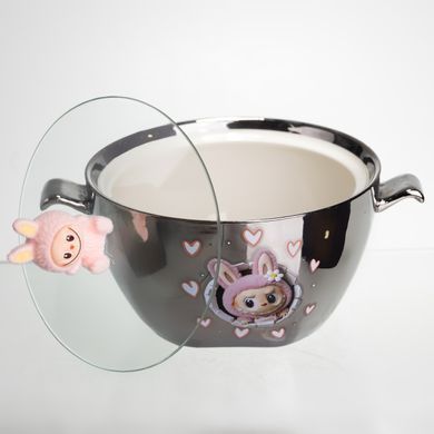 Бульонница фарфоровая Labubu с крышкой и ручками 800 (мл) &Oslash;15 (см) детская тарелка для супа и лапши Серебристый с розовым FM-34C