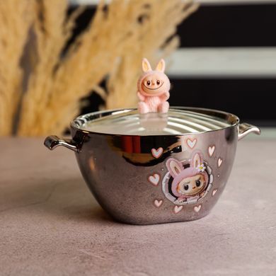 Бульонница фарфоровая Labubu с крышкой и ручками 800 (мл) &Oslash;15 (см) детская тарелка для супа и лапши Серебристый с розовым FM-34C