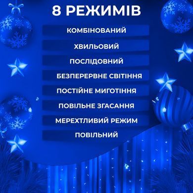 Гірлянда штора світлодіодна GarlandoPro 200LED Роса 3х3м 8 режимів 10 ниток гірлянда роса на ялинці Білий 173307W