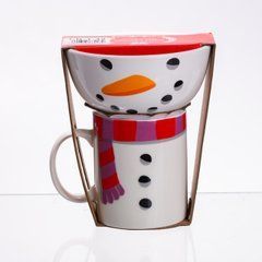 Набір порцелянова чашка з піалою Snowman 350 (мл) чашка на подарунок новорічна для чаю та кави CR-1-49, Білий
