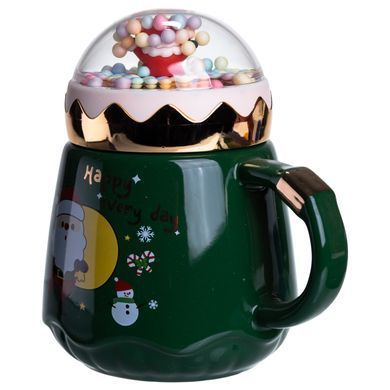 Чашка порцелянова з кришкою Christmas 400 (мл) Зелена Yiwu FM-CS-41A, Зелений