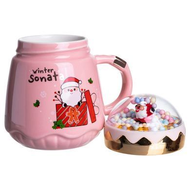 Чашка фарфоровая с крышкой Christmas 400 (мл) Розовый Yiwu FM-CS-41C