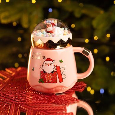 Чашка фарфоровая с крышкой Christmas 400 (мл) Розовый Yiwu FM-CS-41C