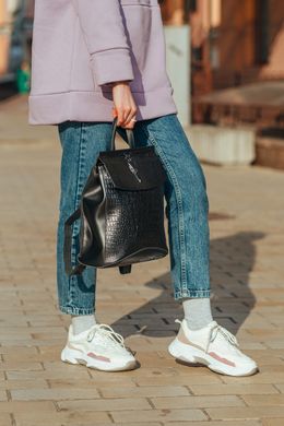 Чорний жіночий рюкзак із натуральної шкіри з тисненням Tiding Bag — 87115