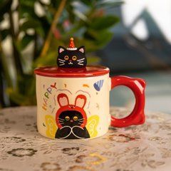 Кубок порцелянова з кришкою Kitten's Birthday 400 (мл) подарункова кружка прикольна чашка для дітей на подарунок Червоний FM-24D, Червоний