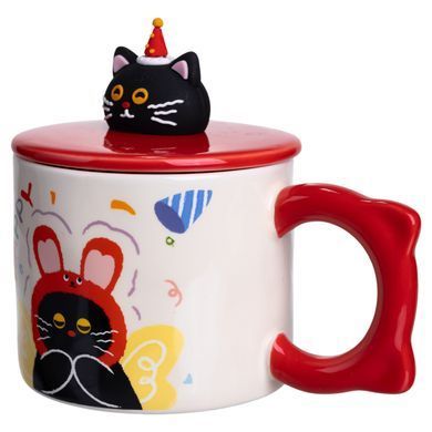 Чашка фарфоровая с крышкой Kitten's Birthday 400 (мл) подарочная кружка прикольная чашка для детей на подарок Красный FM-24D