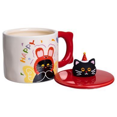 Чашка фарфоровая с крышкой Kitten's Birthday 400 (мл) подарочная кружка прикольная чашка для детей на подарок Красный FM-24D
