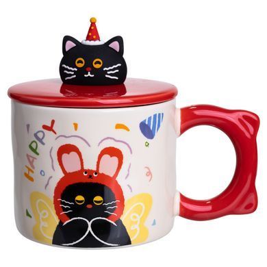 Чашка фарфоровая с крышкой Kitten's Birthday 400 (мл) подарочная кружка прикольная чашка для детей на подарок Красный FM-24D
