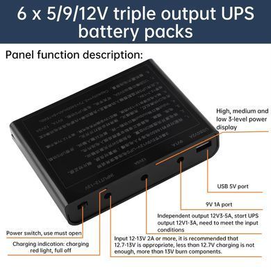 Корпус бесперебойника ups для роутера и видеонаблюдения 9в 12в USB 5В сменные аккумуляторы 18650, Черный