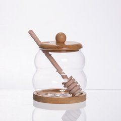 Скляна медовниця з бамбуковою підставкою та ложкою 350 мл 64486-8, Прозрачный
