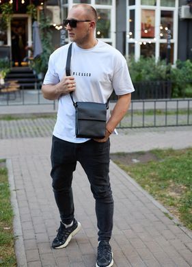 Кожаный мессенджер для мужчины 23х19х7, барсетка через одно плече, сумка для документов, черная