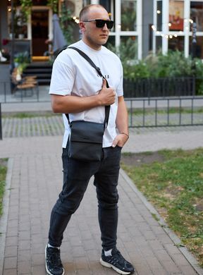 Кожаный мессенджер для мужчины 23х19х7, барсетка через одно плече, сумка для документов, черная