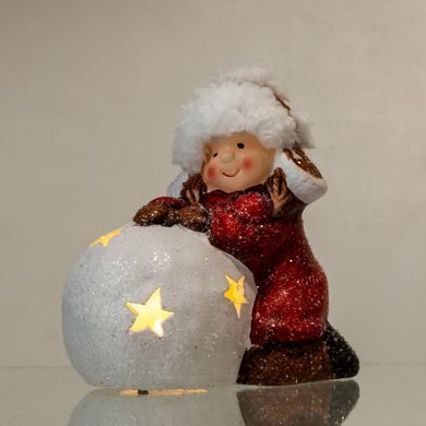 Новогодняя фигурка с подсветкой Девочка со снежным шаром из фарфора 12&times;7&times;12 (см) новогодний декор для дома на подарок Красный