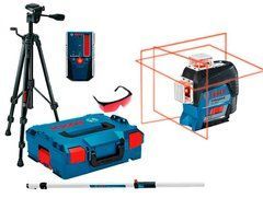 Линейный лазерный нивелир Bosch GLL 3-80 C + штатив BT 150 + приёмник LR 6 + линейка GR 240 + держатель