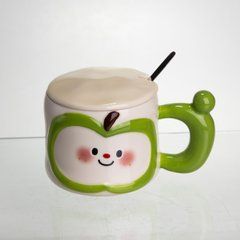 Чашка порцелянова 400 (мл) з кришкою та ложкою, оригінальна кружка на подарунок чашка для дітей Зелений FM-25A, Зелений