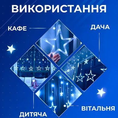 Гірлянда штора 3х0,7 м Зірки на 108 LED лампочок світлодіодна 6 великих та 6 маленьких зірок 9В 8 режимів Жовтий 1733056Y