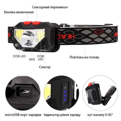 Ліхтар налобний туристичний на акумуляторі біле та червоне світло RCDH2001, Черный