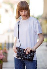 Шкіряна плетена жіноча сумка Пазл S вугільно-чорна, натуральна шкіра Krast, текстиль Cordura