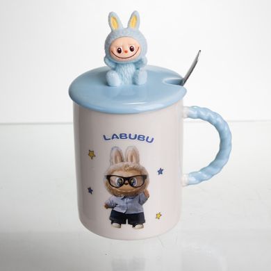 Чашка порцелянова з кришкою і ложкою Labubu 400 (мл) подарункова кружка прикольна чашка для дітей на подарунок Блакитний FM-35B, Блакитний