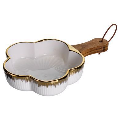Тарелка фарфоровая глубокая с ручкой Цветок 24&times;16&times;4 (см) блюдо сервировочное с ручкой для подачи тарелка сковорода Золото