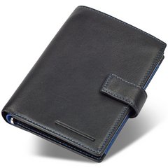 Чорний чоловічий гаманець з фіксацією з натуральної шкіри із синім обрамленнямMarco Coverna MC-1005 A 1221, Черный