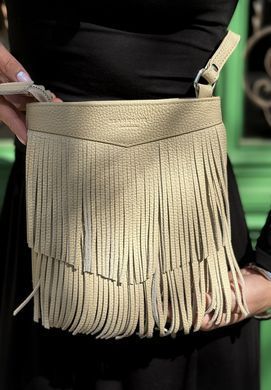 Кожаная женская сумка с бахромой мини-кроссбоди Fleco светло-бежевая
